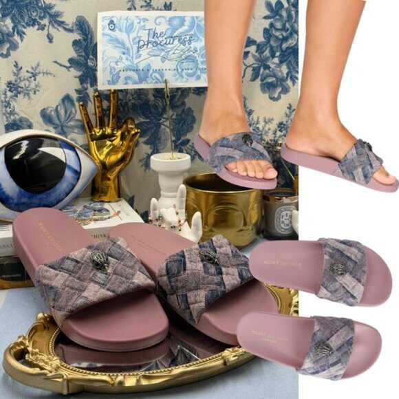 🆕 KURT GEIGER LONDON 🧿 NWOB Pink Bleach Denim Meena Eagle Slides, Sz 40 US9 - Picture 1 of 14